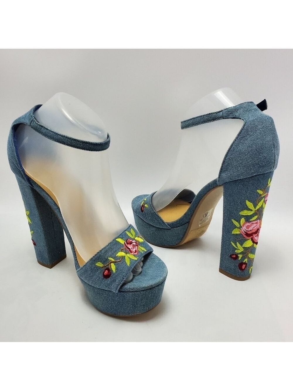 Heart in D Blue Denim Floral Embroidered Platform Heels Sandals Size 8 - Picture 3 of 12